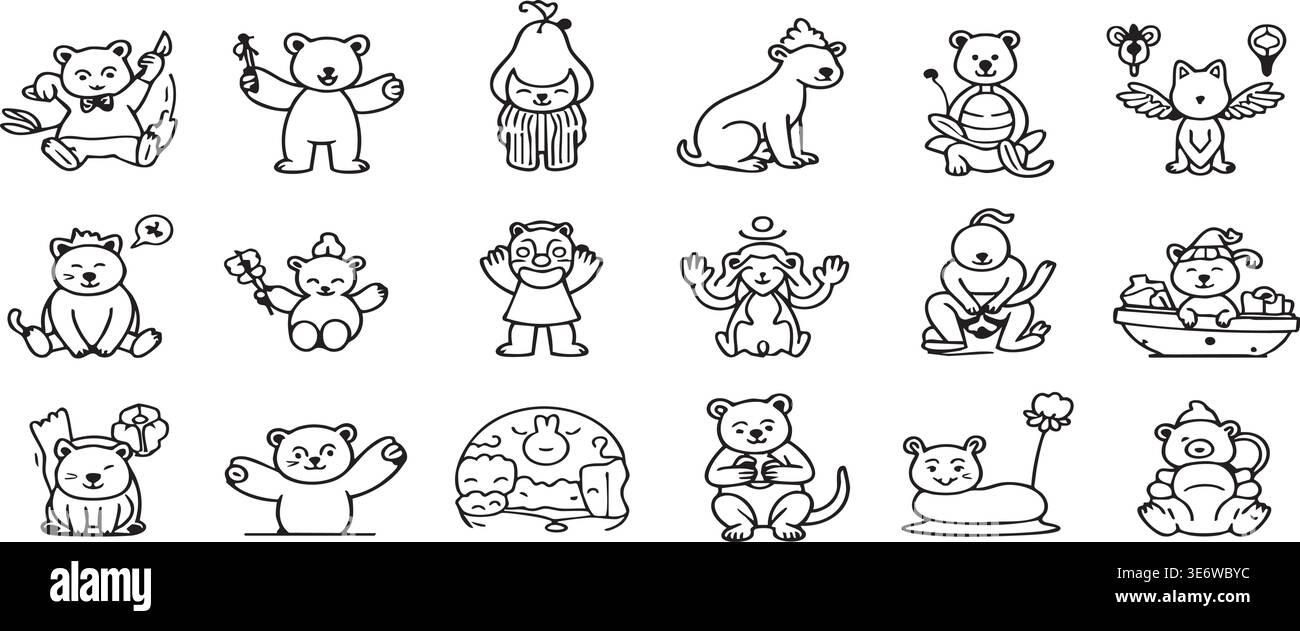Niedliche Tiersymbole Linie Art Doodle Set Kawaii Zeichentrickfiguren Bären Katzen Färbung Buch Aufkleber Vektor Illustration Stock Vektor