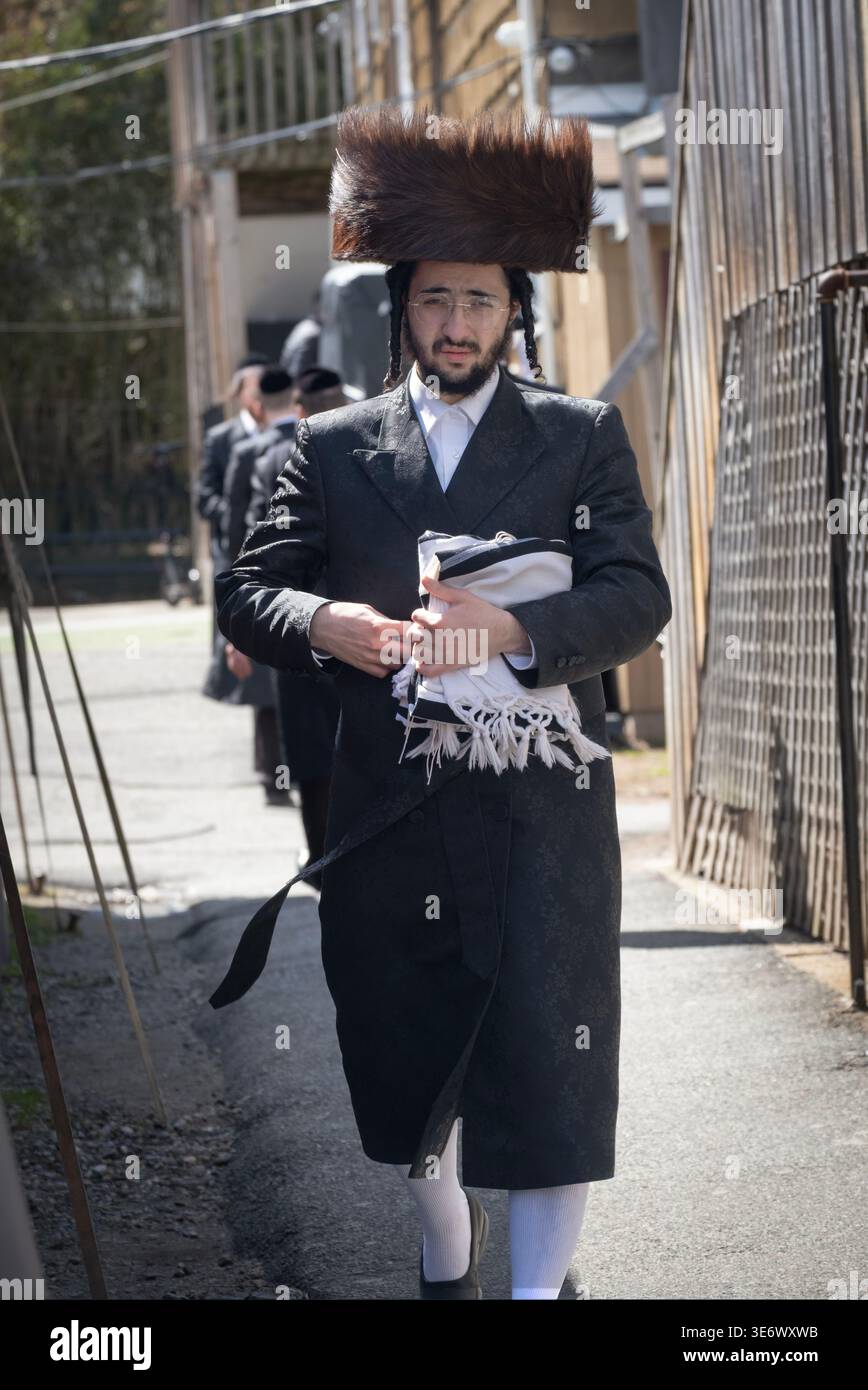 Ein chassidischer jüdischer Mann mit einem Schtreimel-Pelzhut verlässt eine Synagoge nach den Morgengebeten am Passschach. Im Rockland County, NY, 2026. Stockfoto