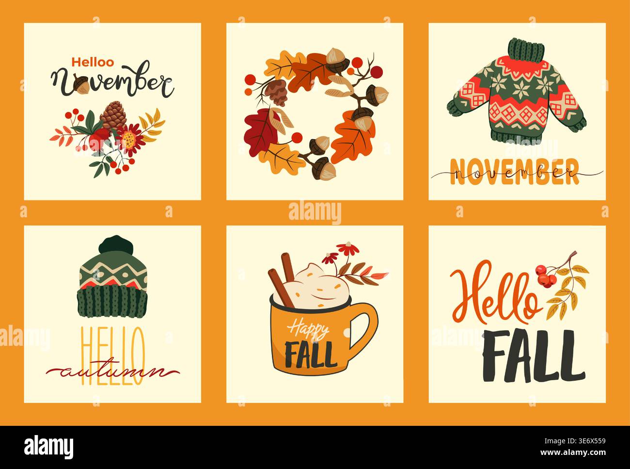 Niedliche Herbstkarten. Hallo Herbstferien. Waldpflanze hinterlässt einen Kranz. Tasse mit heißem Getränk. Warme Strickmütze und Pullover im November. Bequeme Kleidung. Herbstliche Eichenholz und rowan. Vektor saisonale Banner Set Stock Vektor