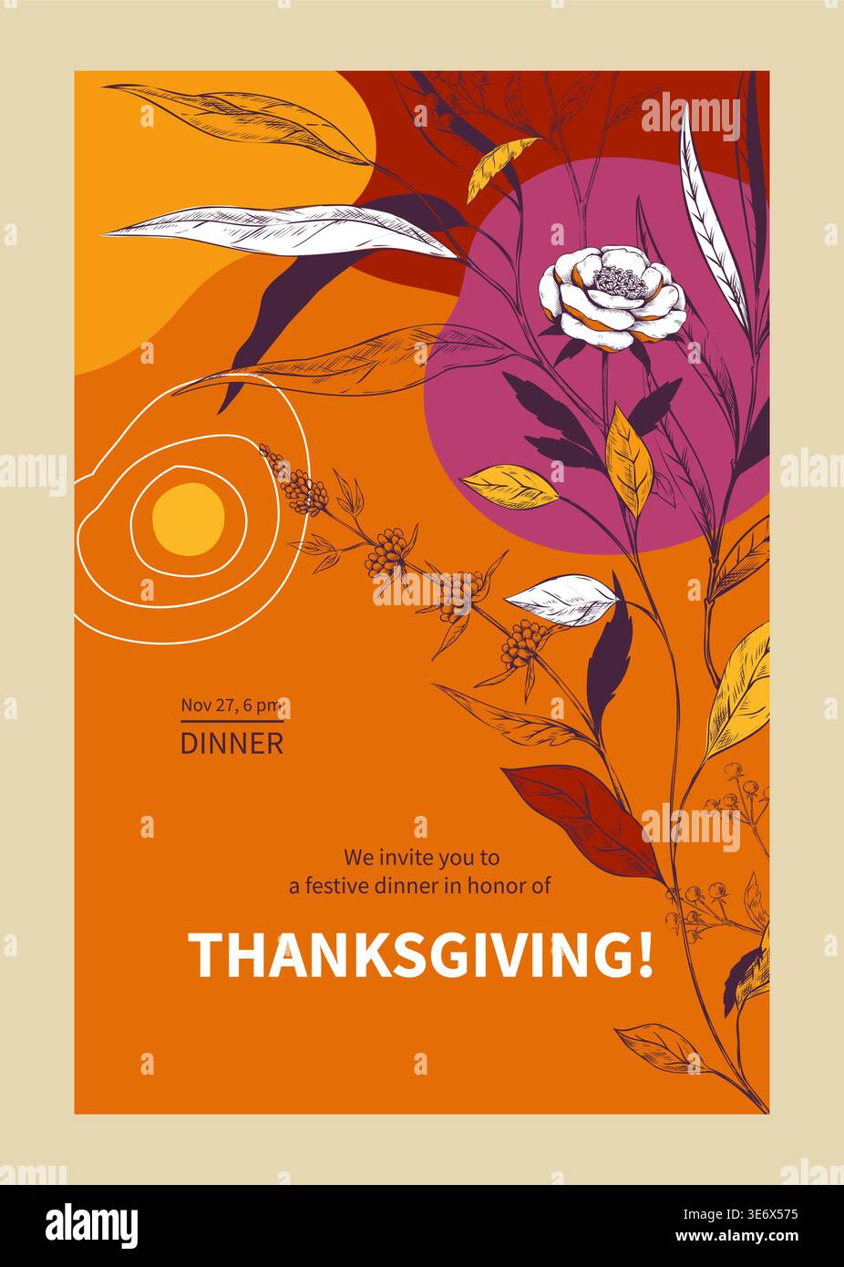 Froher Herbst. Einladungskarte zum Thanksgiving-Abendessen. Blätter oder Blüten der Herbstsaison. Pflanzen skizzieren. Abstrakte orangefarbene Flecken. Kamelienblüte. Saisonaler Urlaub. Vektor herbstliche festliche Einladung Banner Design Stock Vektor