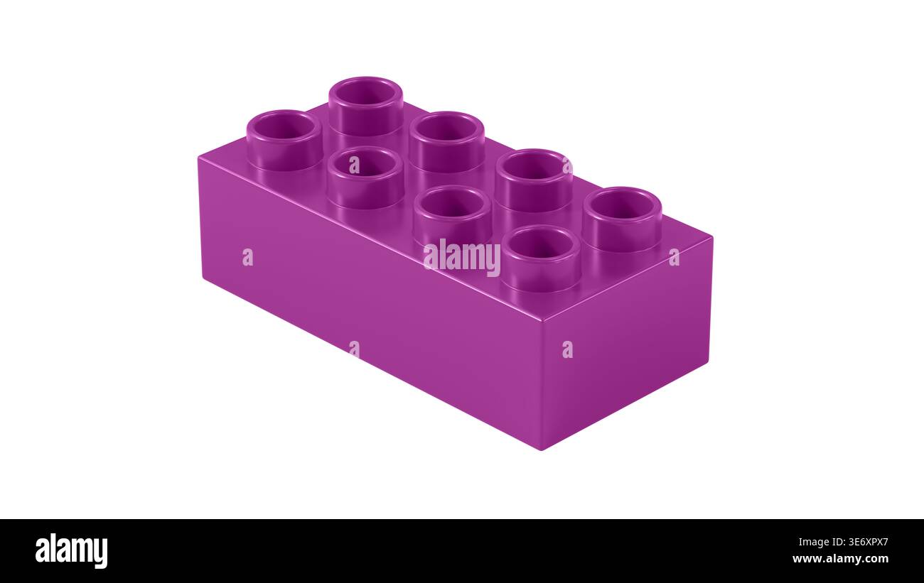 Dunkles lila Plastikspielzeug Baustein isoliert auf weißem Hintergrund. Konzept der Ausbildung zur Kreativitätserziehung und modulares Design für das Kinderlernen Stockfoto