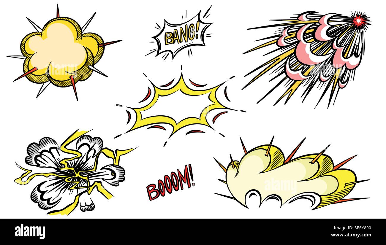 Handgezeichnete Sammlung von Comic-Pony, Bursts und Explosionen im Stil der 50er 60er Jahre. Illustration der traditionellen Tinte. Stock Vektor