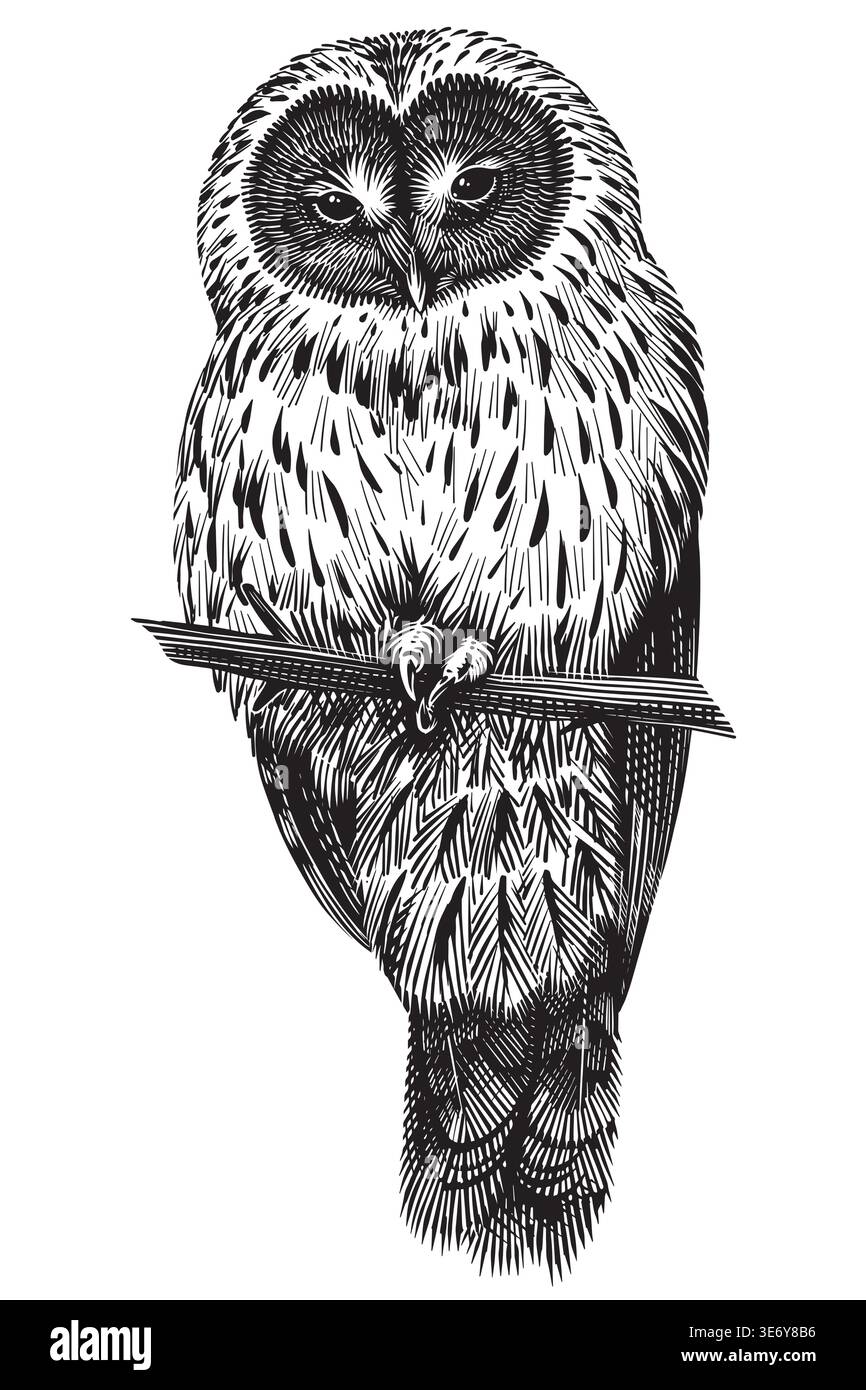 Realistische Ural-Eulenvogel-Illustrationszeichnung im traditionellen handgezeichneten Stil. Holzschnitt- oder Gravurtinte, Strichgrafik in Scratchboard-Optik. Stock Vektor
