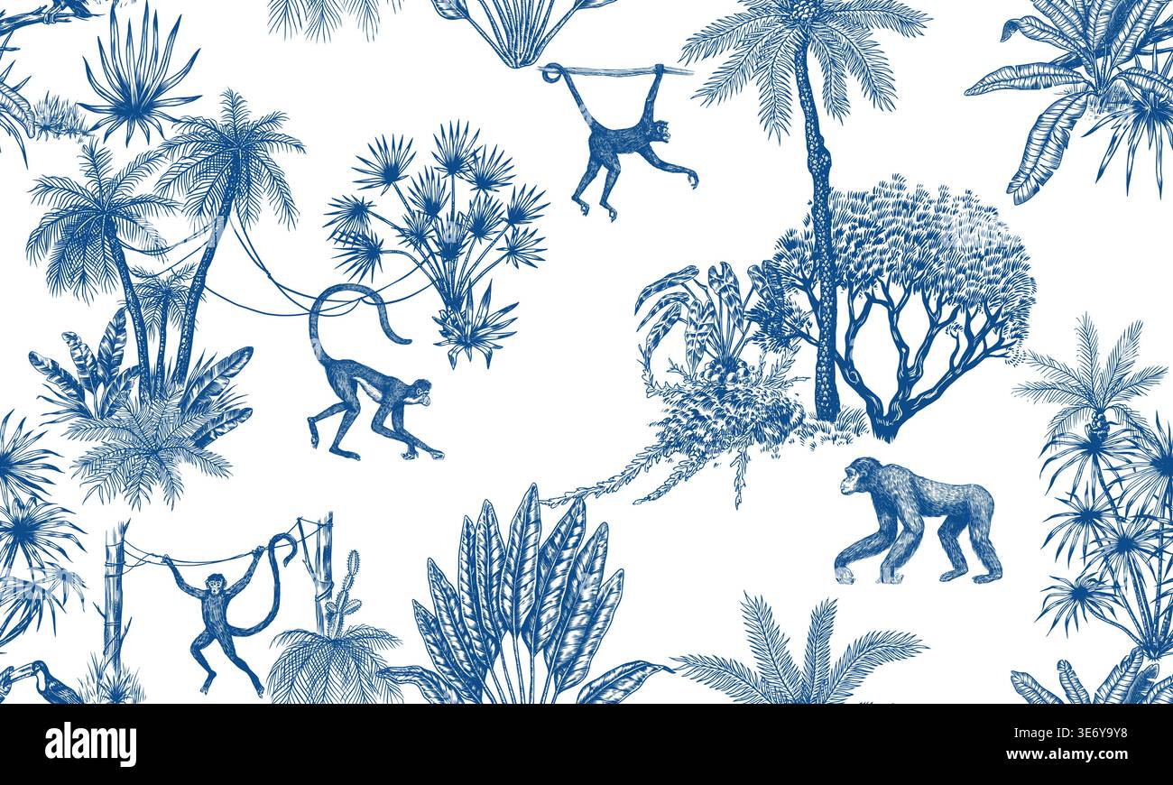 Toile de Jouy nahtloses Muster mit originalen tropischen Pflanzen, Palmen und Tieren. Affen und Affen im tropischen Wald. Exotische Bäume und Büsche perfekt Stock Vektor