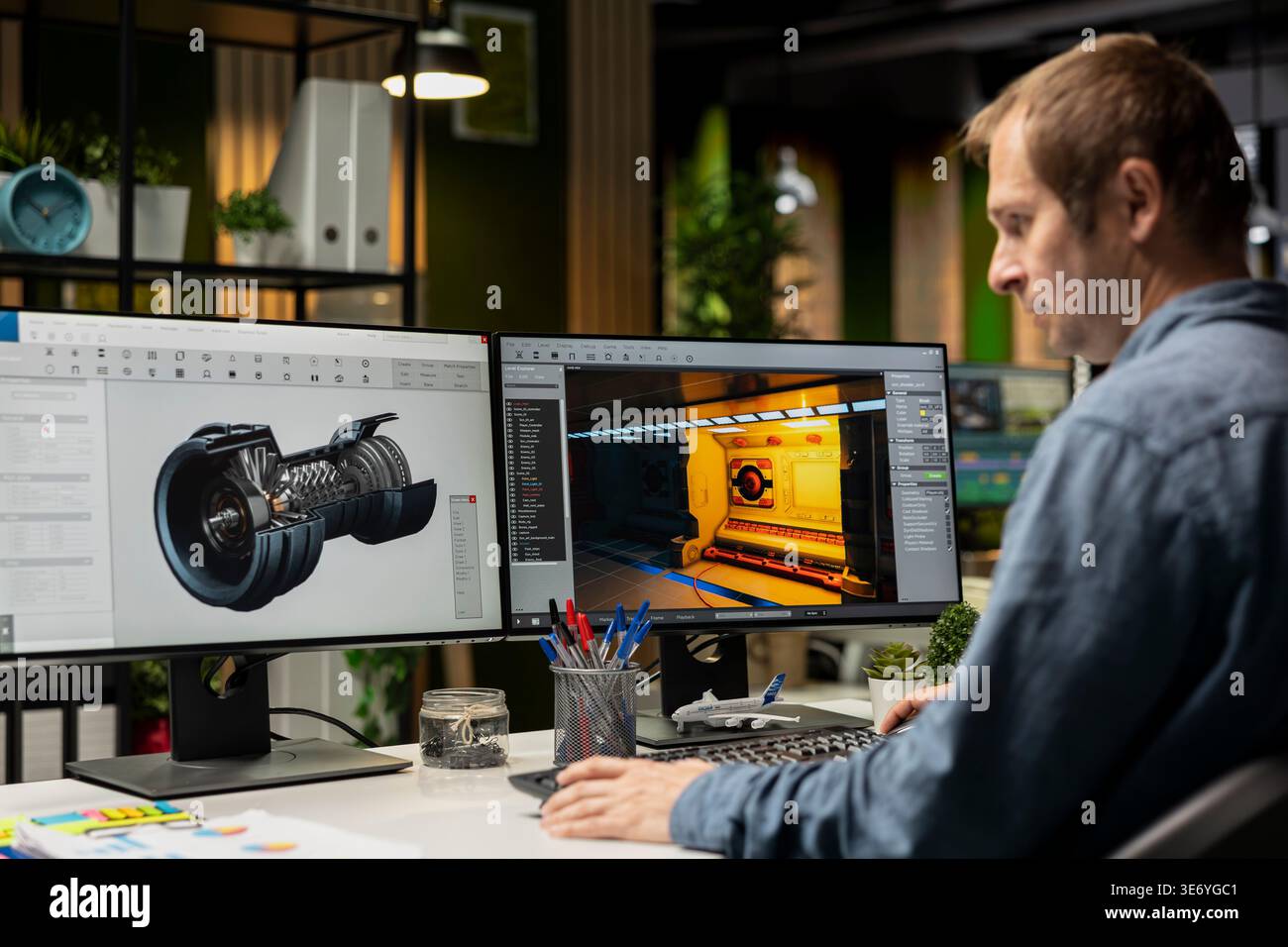 Spieleentwickler nutzen KI-generiertes Programm, um Raumschiffstationen mit Deep Learning, einer futuristischen Umgebung zu entwerfen, die durch maschinelles Lernen und Cloud Computing verbessert wird. Stockfoto