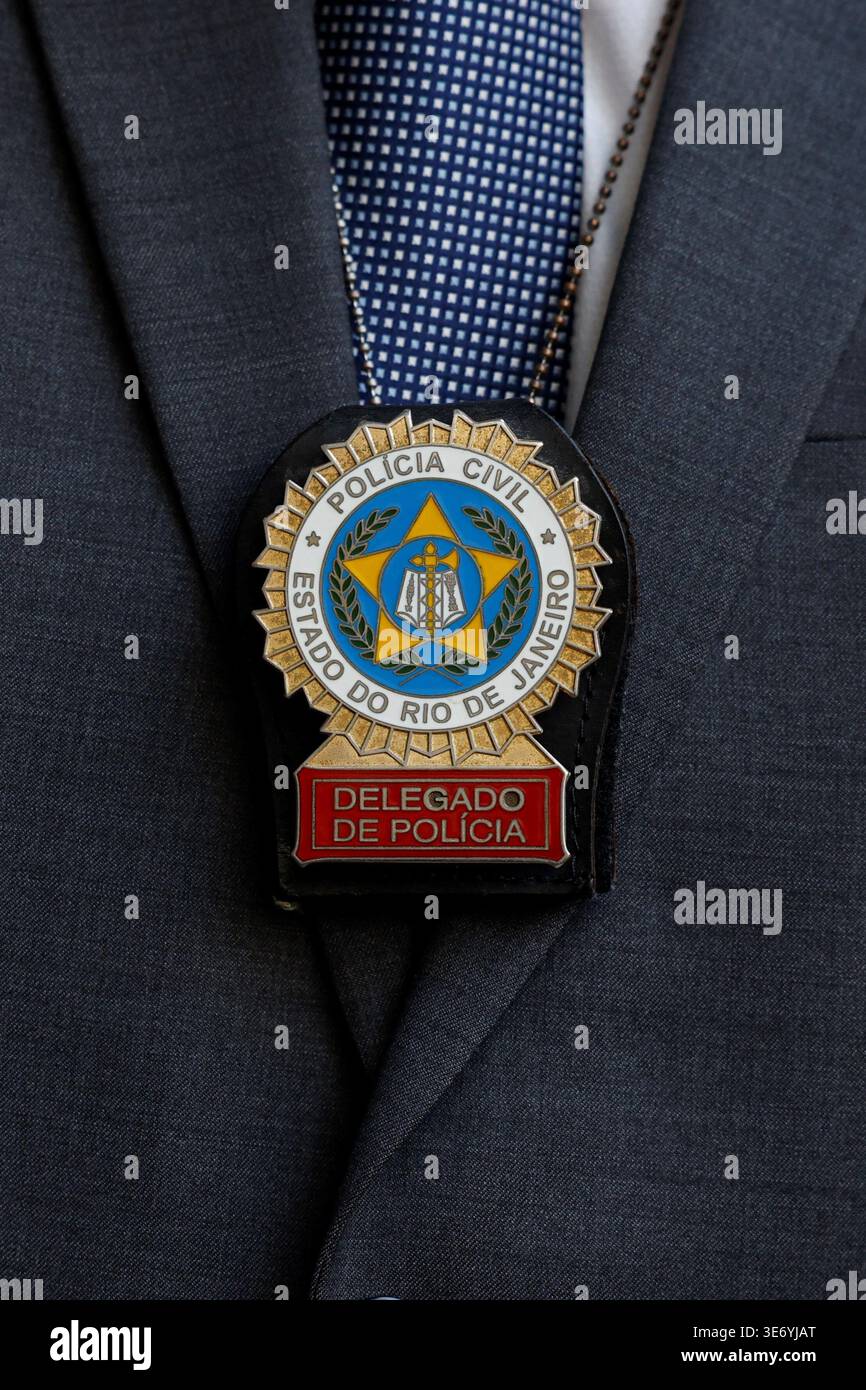 Polizeiwache, Ausweis für einen Delegierten der Zivilpolizei. Rio de Janeiro Polizeichef Symbol - Rio de Janeiro, Brasilien 04. März 2026 Stockfoto