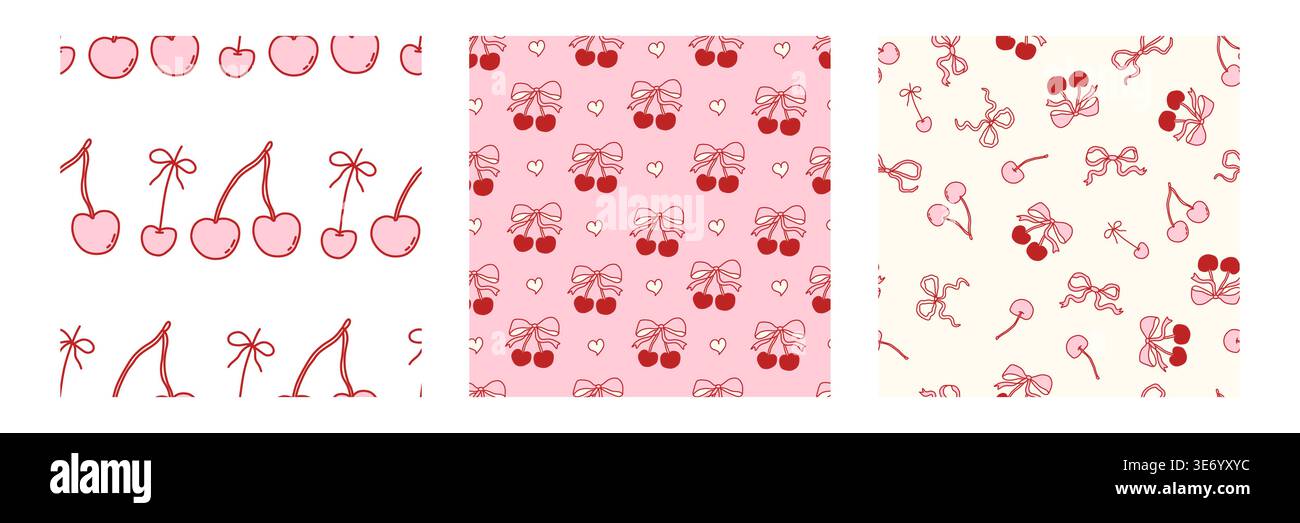 Nahtloses Coquette-Muster mit süßen Kirschen und Schleifen in sanften Rosa- und Rottönen. Handgezeichneter Mädchenhintergrund perfekt für Valentinstag, Verpackungen, Textilien, Aufkleber und romantische Designs. Stock Vektor