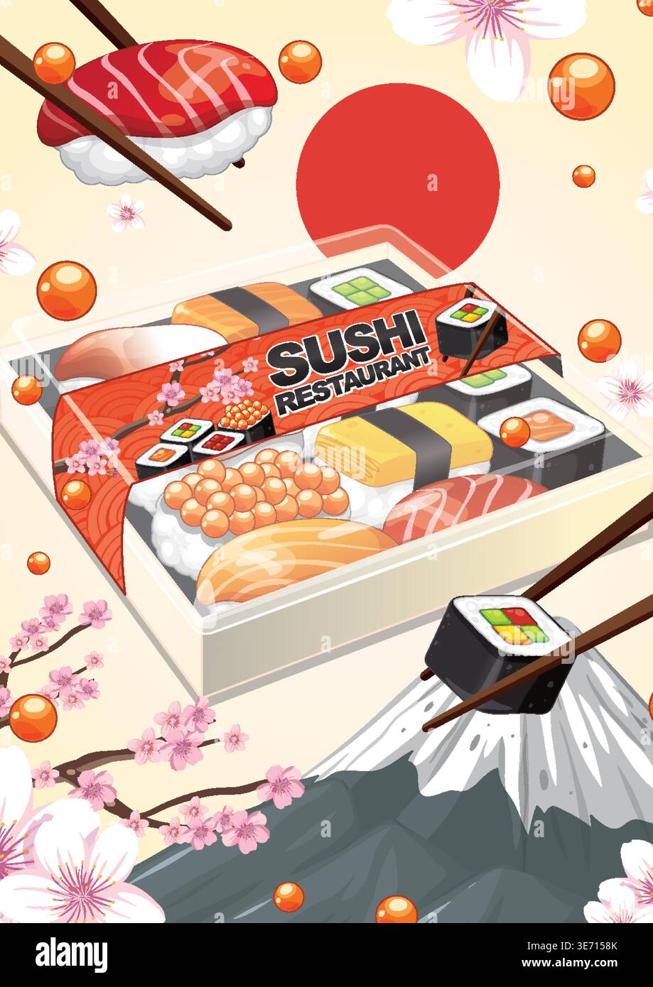 Flache Vektor-Illustration einer Sushi bento-Box mit Kirschblüten und Mount Fuji Stock Vektor