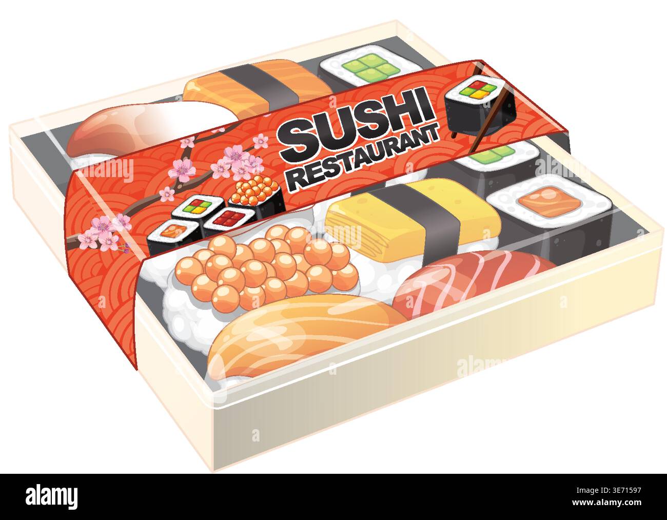Isometrische Vektorillustration einer Sushi-Box zum Mitnehmen mit Nigiri, Maki und Lachsrogen Stock Vektor
