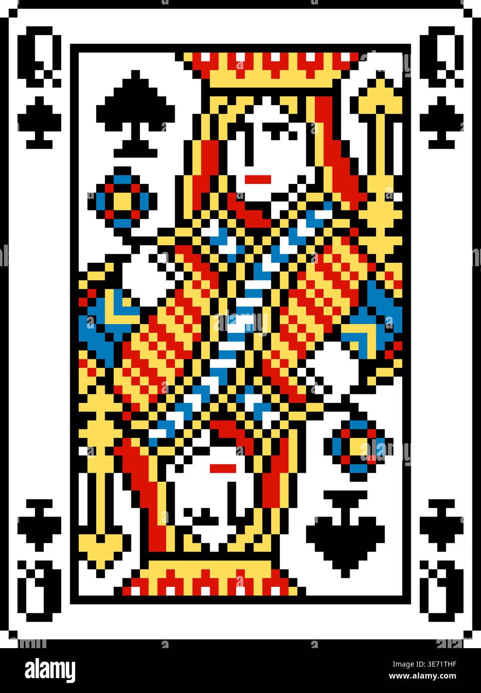Pixel Art Pik-Königin Spielkartendesign Stock Vektor