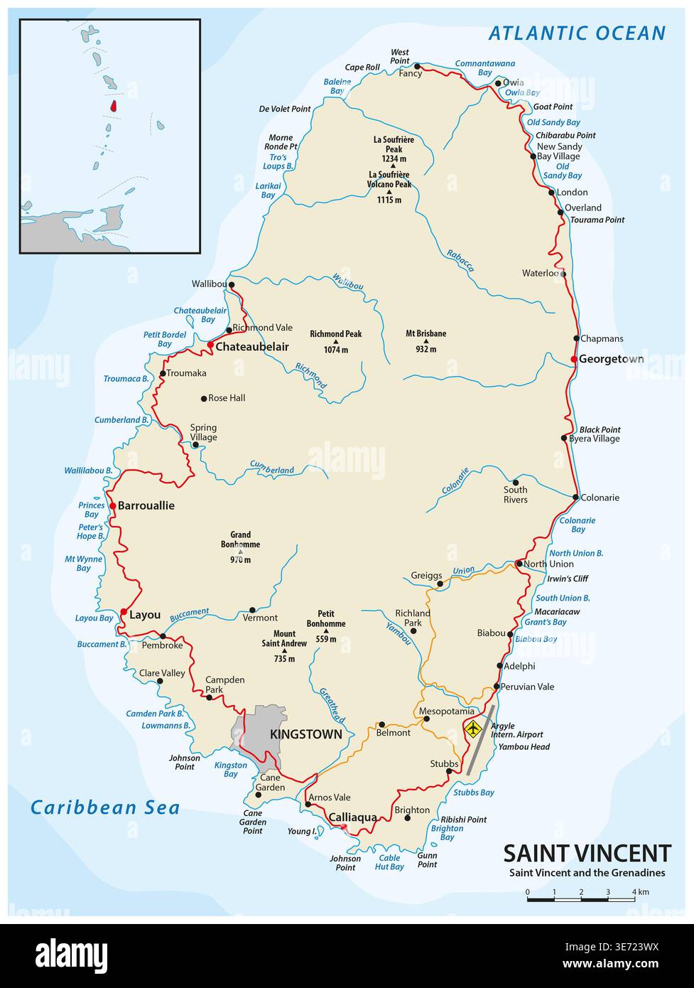 Karte von St. Vincent Island, St. Vincent und den Grenadinen Stockfoto