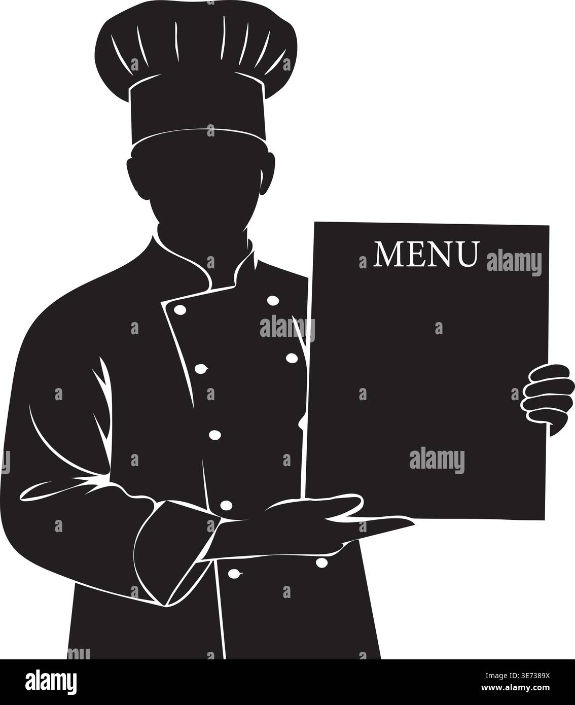 Schwarze Silhouette eines professionellen Küchenchefs in Uniform, der eine Menütafel präsentiert, die bereit ist, Bestellungen anzunehmen oder Gerichte zu präsentieren. Stock Vektor