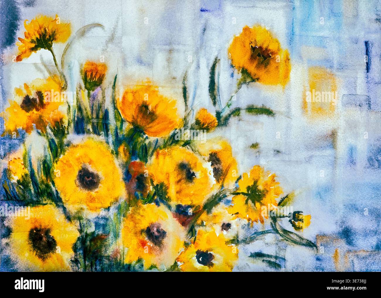 Aquarell von Heidemarie Mayer, Aquarell von Blumen, Blumenstrauß, gelb-orange Stockfoto