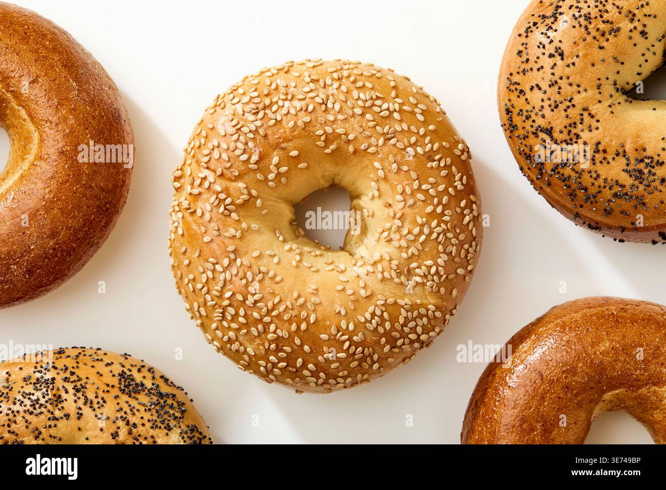 Draufsicht der Bagels auf weißem Hintergrund Stockfoto