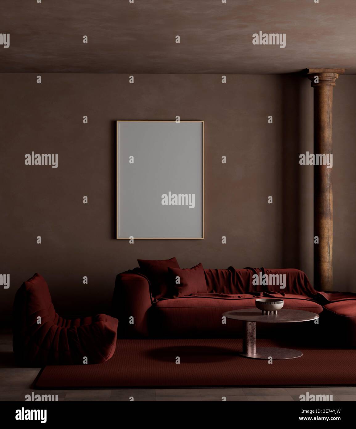 Dunkles, stimmungsvolles Wohnzimmer mit Kinobeleuchtung und warmen Tönen, mit Mockup-Rahmen, Posterrahmen und modernen Möbeln für moderne Einrichtung und Stockfoto