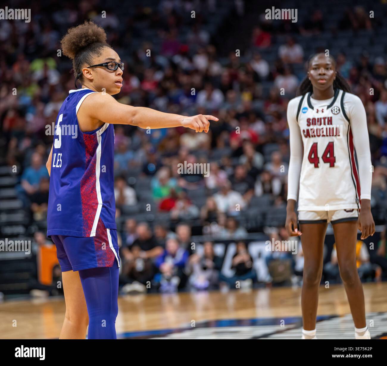 TCU Guard Olivia Miles (5) Gesten während des NCAA Women's Basketball Elite 8 Spiels gegen South Carolina im Golden 1 Center. Stockfoto