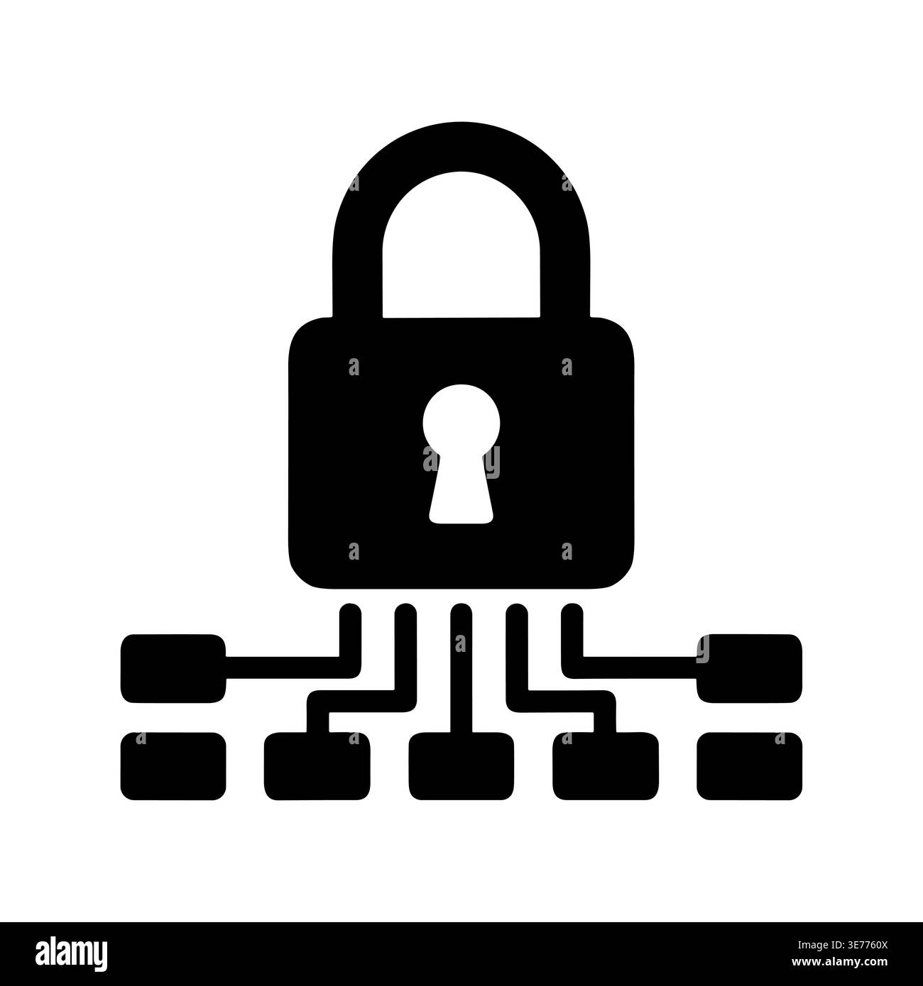 Schwarze Silhouette des mit dem Datennetzwerk verbundenen Vorhängeschlosses Stock Vektor