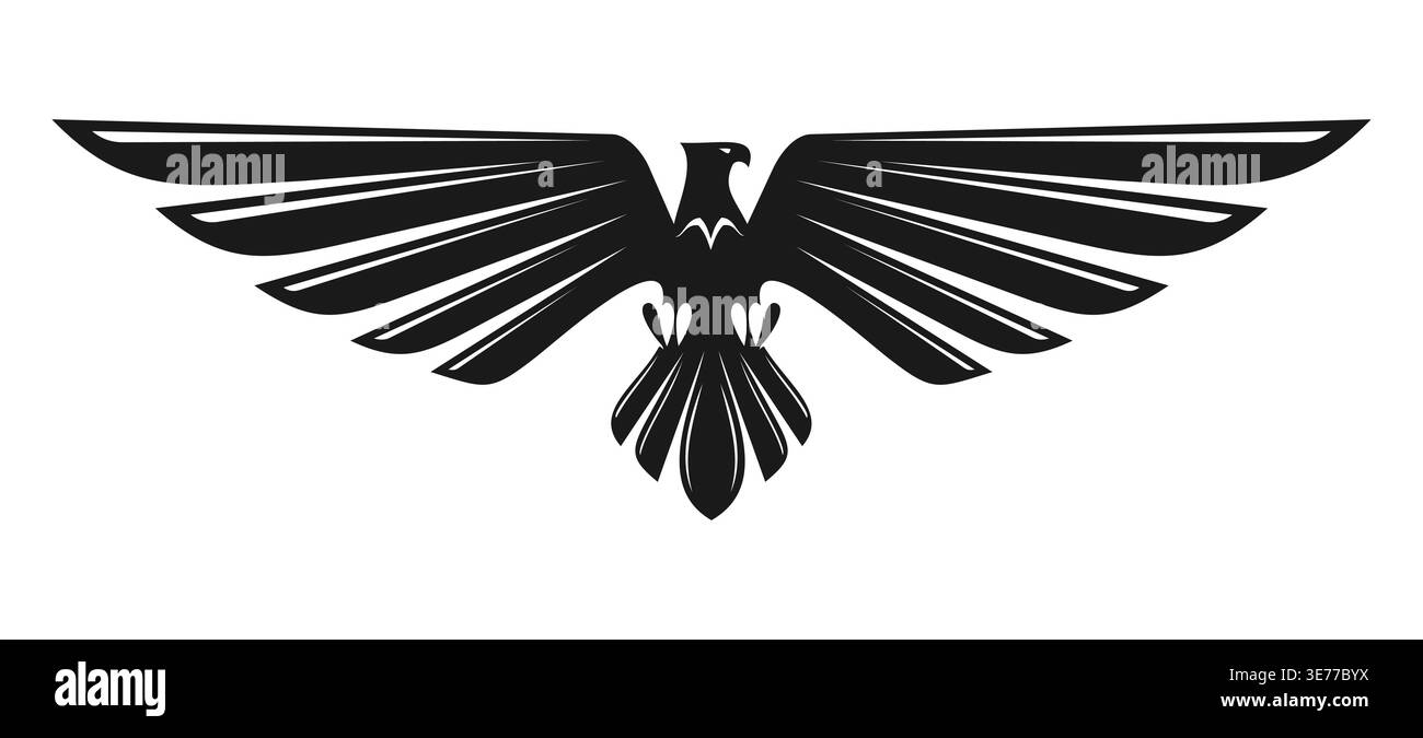 Abstraktes Symbol oder Etikett des Flugvogels des schwarzen Adlers. Schwarzes Raubvogel-Emblem, Adlervogel-Firmensymbol. Jagdfalke heraldisches Zeichen Stock Vektor