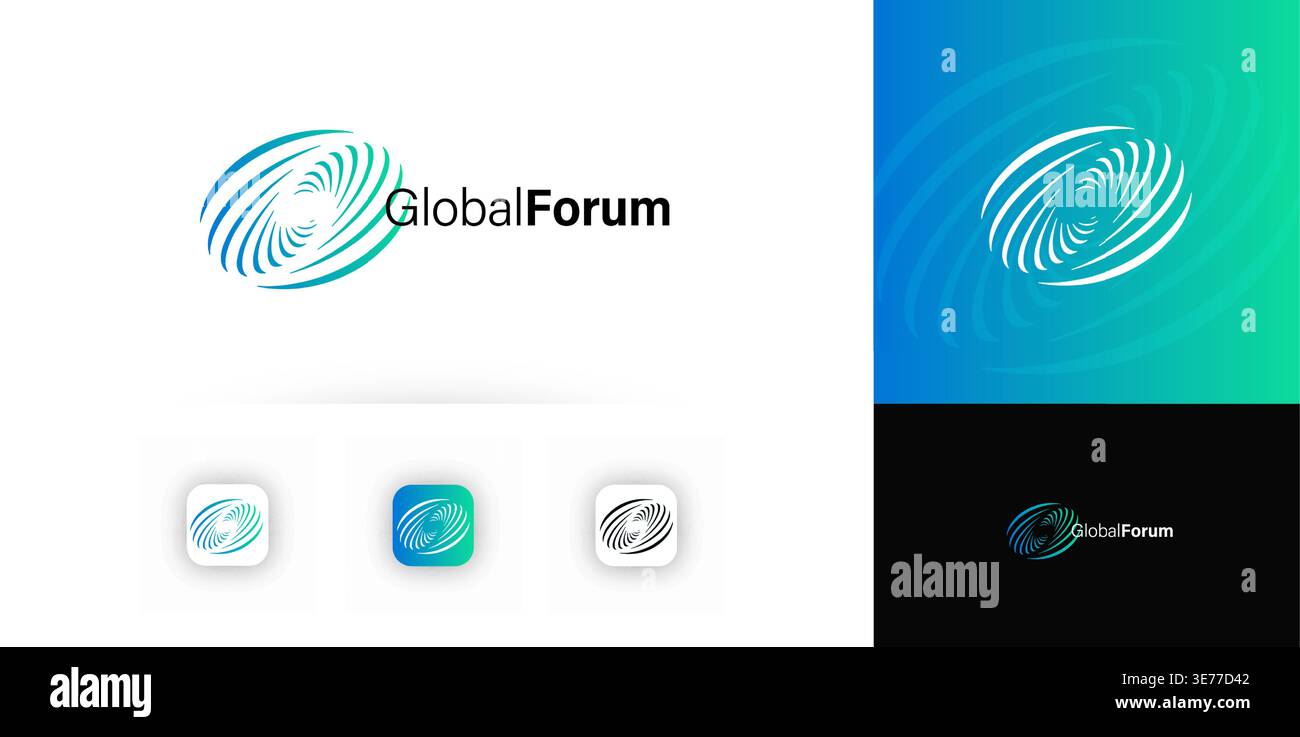 Rundes Spiralzeichen, Globe Forum Logo Konzept von Medtech Biotech Science and Technologies, KI Innovation, Data Science Research Lab, Digital Stock Vektor