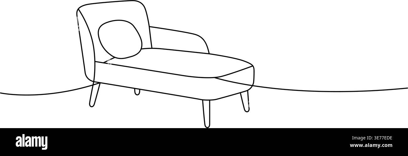 Lounge-Chaise mit Kissen in minimalistischer Linienzeichnung. Entspannende Möbel für moderne Innenarchitektur Stock Vektor