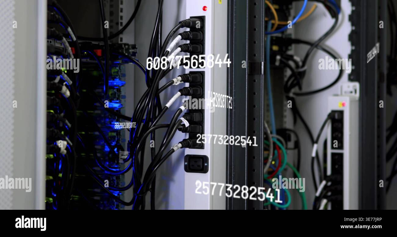 Vertikale PDU mit schwarzen AC-Kabeln, numerischen IDs, blauen LED-Servern und mehrfarbigen Kabeln im Rack Stockfoto