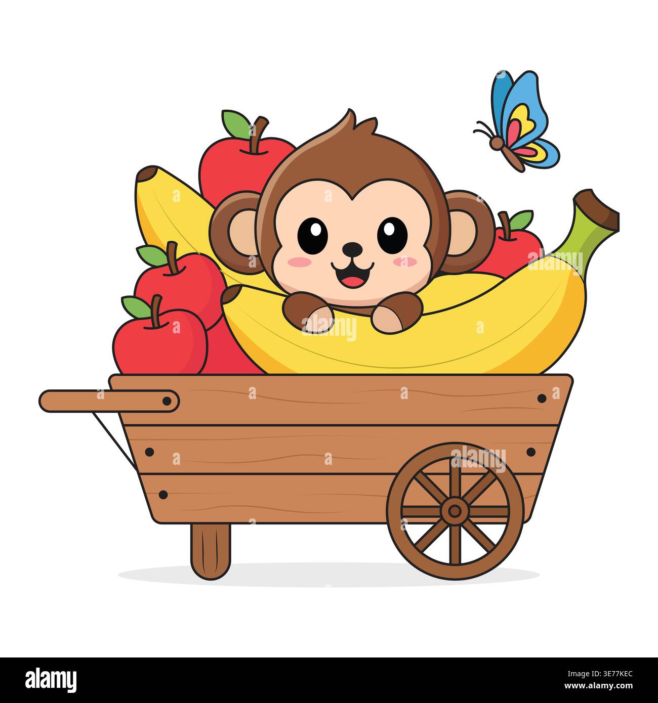 Affe sitzt in Holzwagen voller frischer Früchte mit Schmetterlings-Zeichentrickfigur-Illustration Stock Vektor