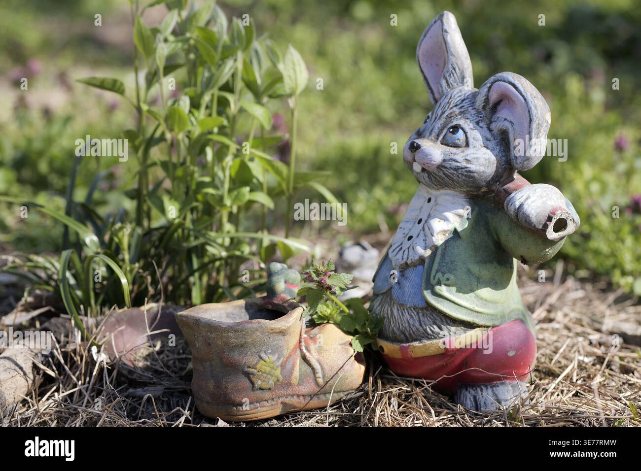 Dekorative Kaninchenfigur in farbenfroher Kleidung neben einem schuhförmigen Pflanzgefäß mit kleiner Pflanze, auf trockenem Gras mit verschwommenem Gartenhintergrund platziert. Stockfoto