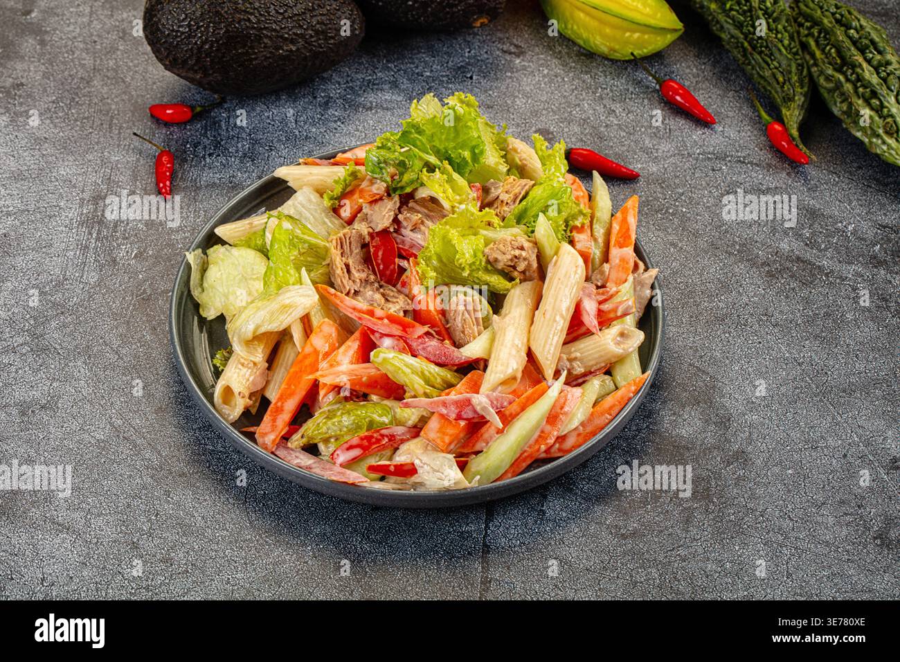 Appetitlicher Nudelsalat mit Thunfisch und Gemüse in einer cremigen Sauce. Die Top-Down-Ansicht auf dunklem Hintergrund hebt frische rote, grüne und beige Farben hervor. P Stockfoto