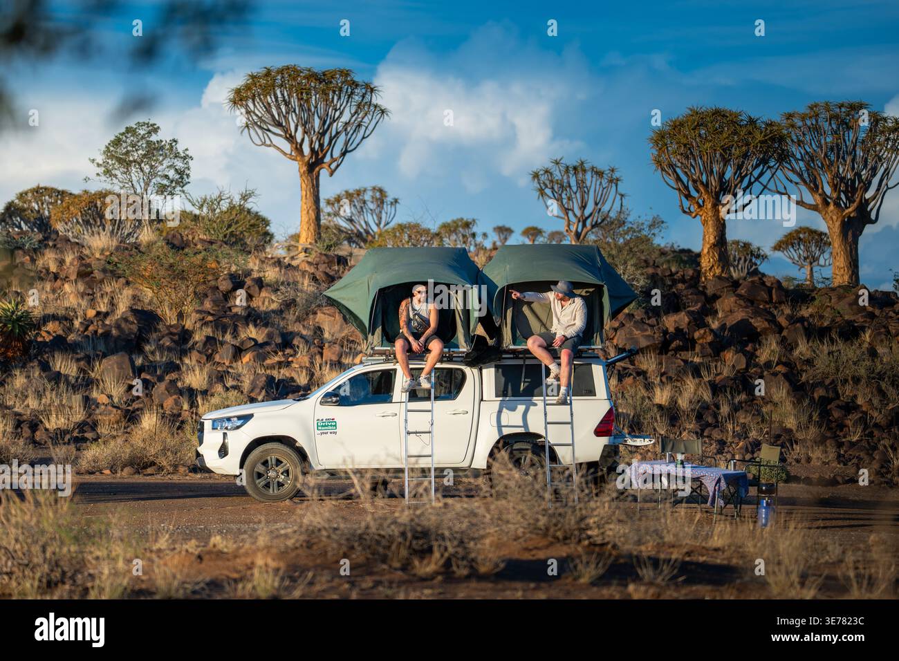 Quiver Tree Forest, Namibia - 6. März 2026: Blick auf einen weißen Pickup-Truck mit Dachzelten inmitten der rauen Landschaft, eingerahmt von berühmten Köcherbäumen Stockfoto