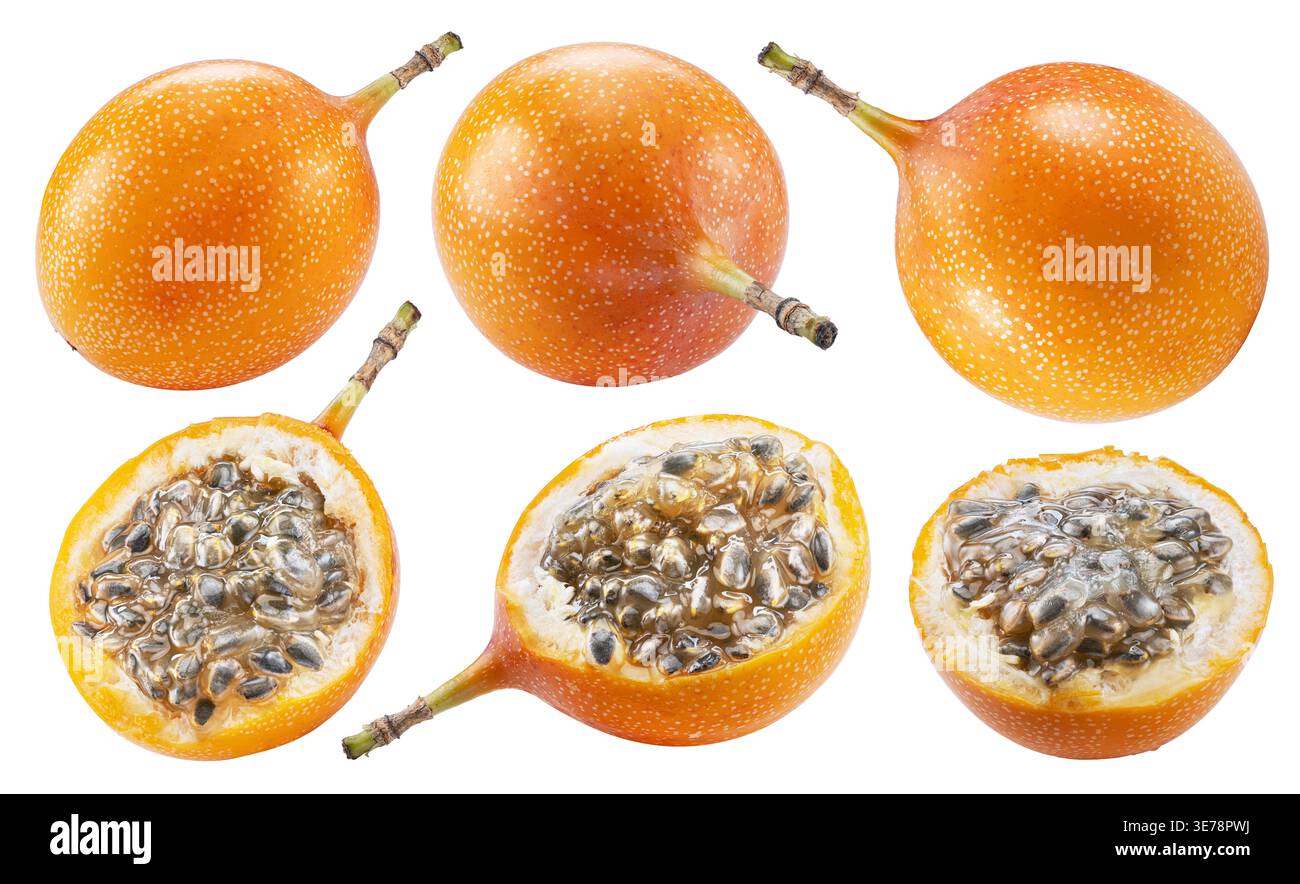 Gelbe süße granadilla-Früchte (Passiflora ligularis) und Hälften von granadilla mit Fruchtfleisch isoliert auf weißem Hintergrund mit Schnittpfad. Stockfoto