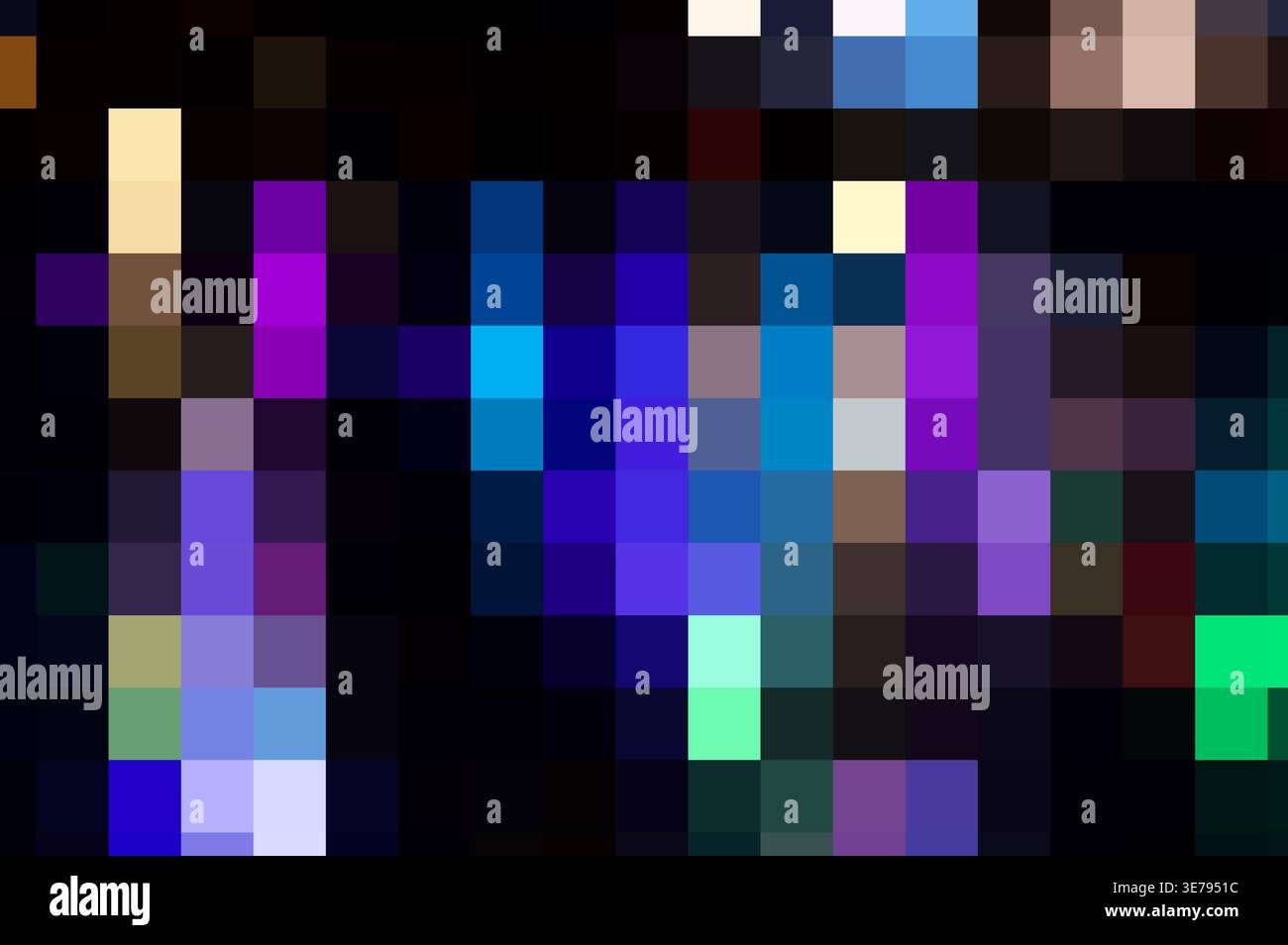 Abstrakter gepixelter Hintergrund mit einem modernen geometrischen Mosaik in leuchtendem Blau, Lila und Grün Stockfoto