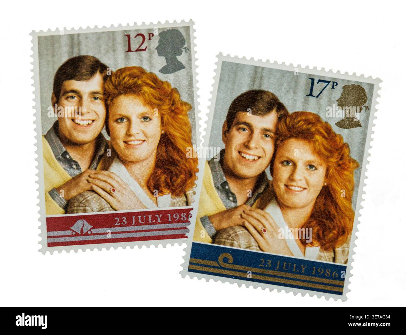 Britische Briefmarken, die die königliche Familie, Prinz Andrew und Sarah Ferguson, 1986 darstellen Stockfoto