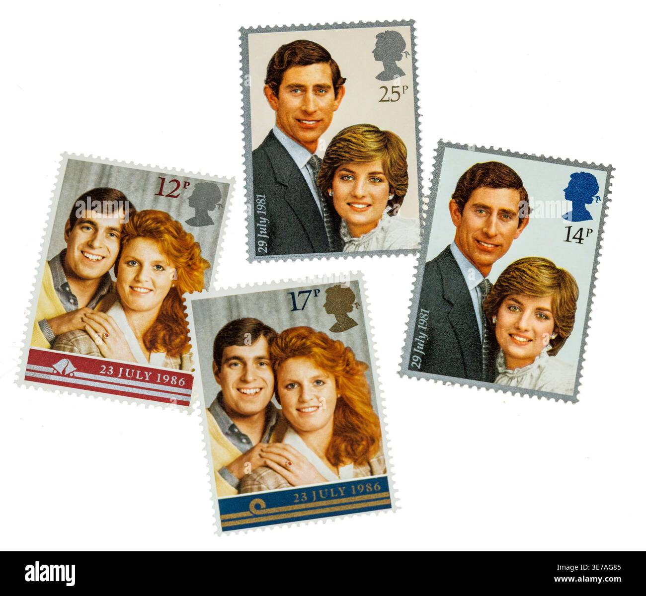 Britische Briefmarken, die die königliche Familie, die Hochzeiten von Prinz Andrew und Sarah Ferguson, 1986, sowie Prinz Charles und Diana Spencer darstellen Stockfoto