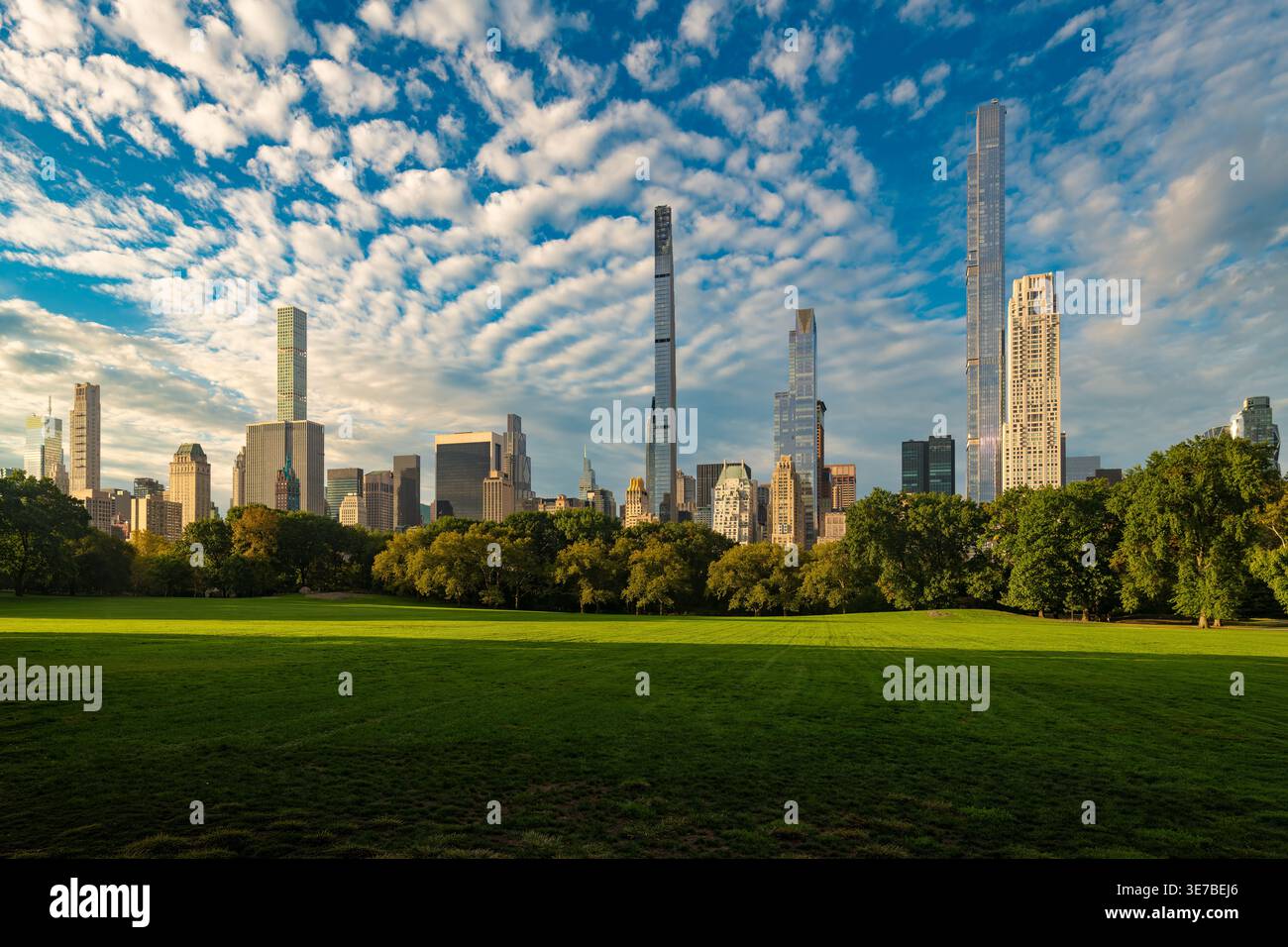 Üppig grünes Gras und Bäume bilden einen natürlichen Vorsprung zur Skyline von Midtown Manhattan vom Central Park Stockfoto