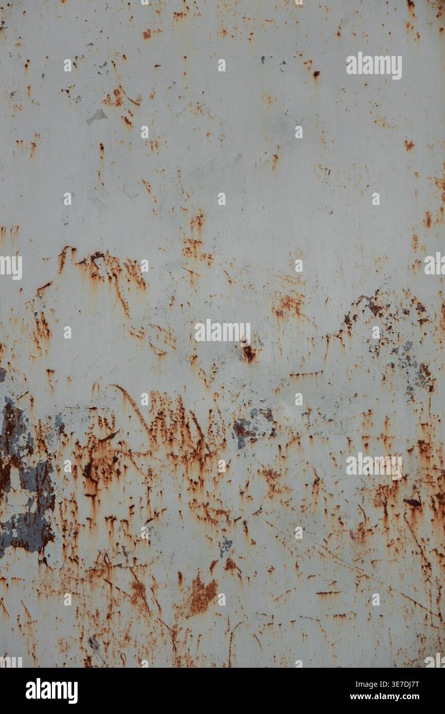 Grunge weiß lackierte Metallpaneelhintergrund mit Kopierraum, Rostflecken und abgebrochener Farbe Stockfoto
