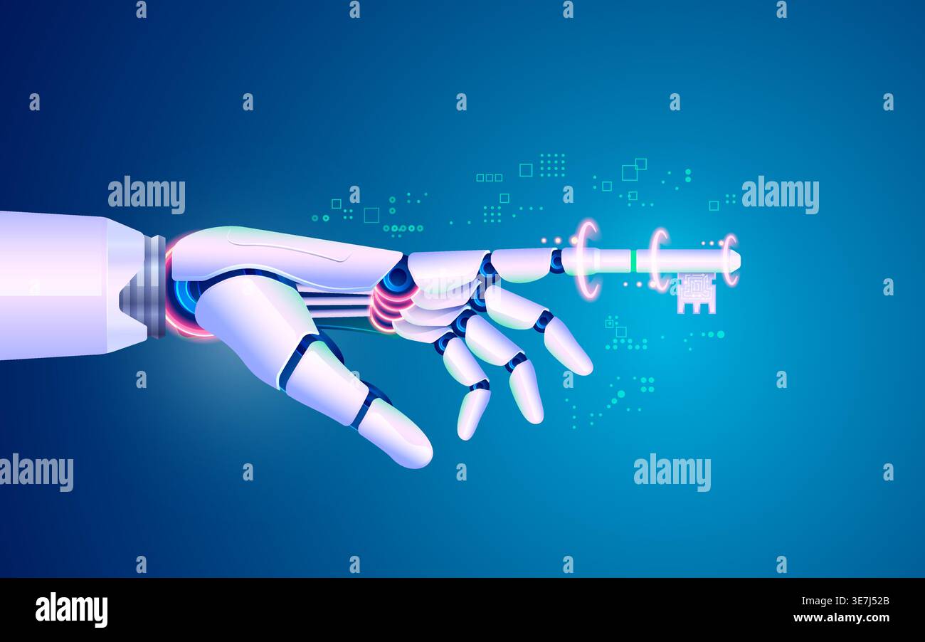Konzept der digitalen Transformation oder des Deep Learning, Grafik der Roboterhand mit Zeigefinger-Taste Stock Vektor