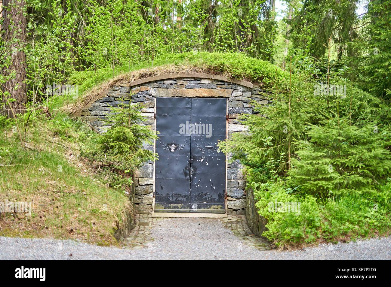 Ein traditioneller, in einen grasbewachsenen Hügel eingepasster Kellereingang oder Bunkereingang aus Stein, mit dunklen, verwitterten Doppeltüren aus Metall mit dekorativem Eisen Stockfoto