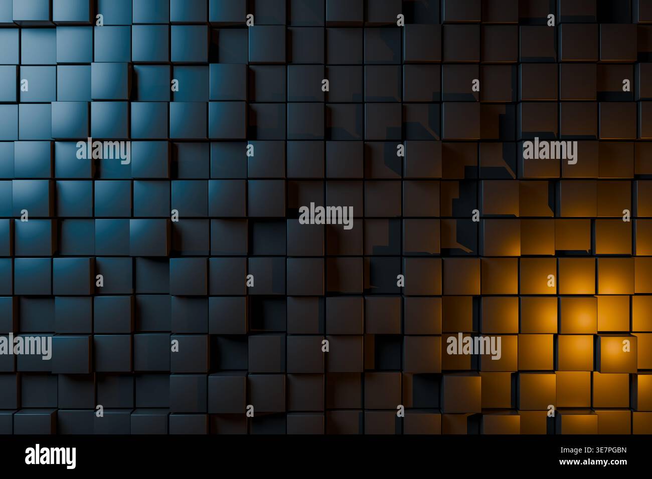 Futuristisches schwarzes quadratisches Mosaik mit leuchtenden Kanten und architektonischer Tiefe Stockfoto
