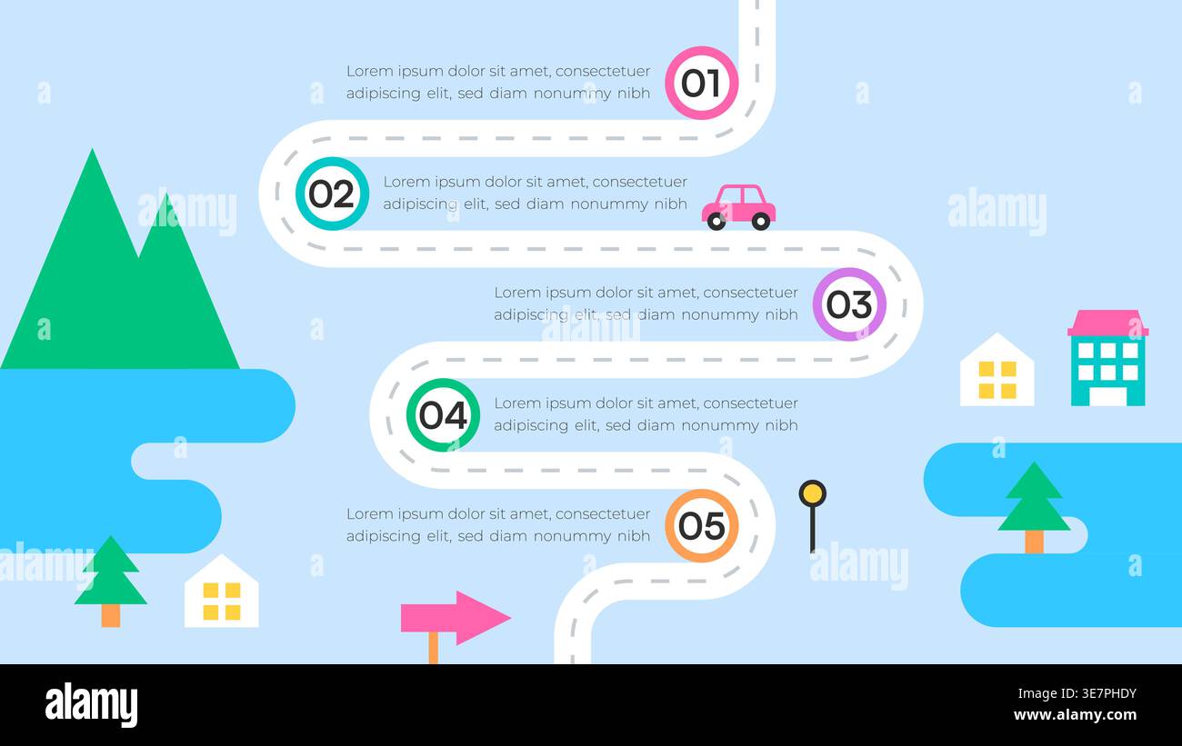 Bunte Roadmap-Infografik auf hellblauem Hintergrund mit Auto und Symbole Vektor-Illustration Stock Vektor