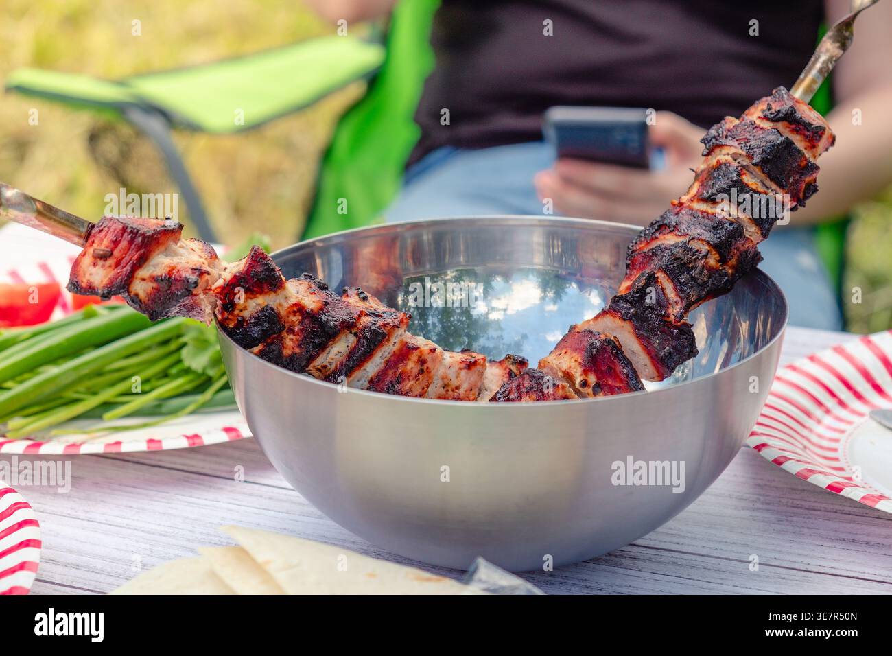 Picknick in der Natur, gekochter Grill und Gemüse mit Kräutern auf dem Tisch. Stockfoto