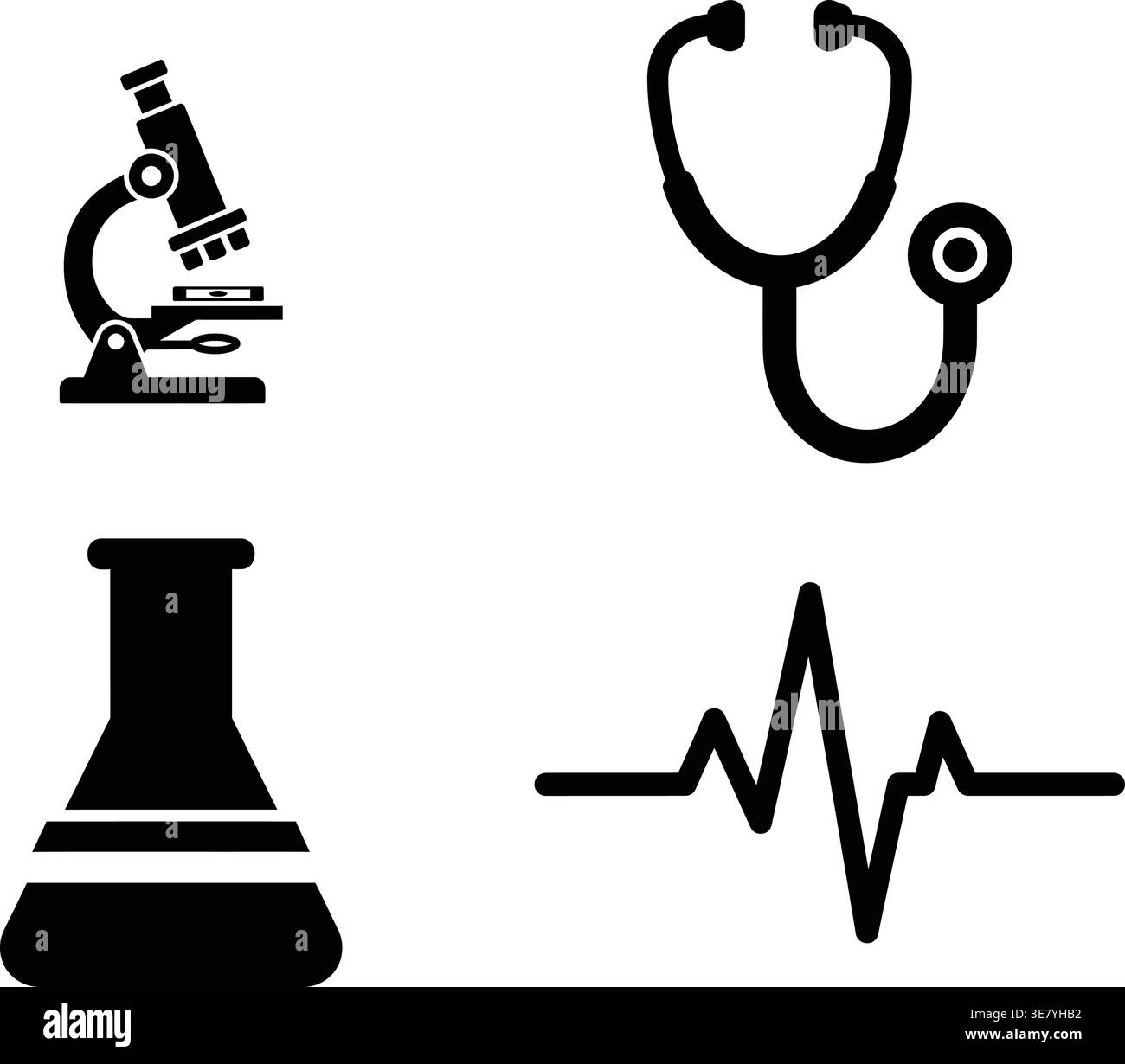 Notfallmedizin und Labor Symbolsatz - Krankenwagen, Stethoskop und medizinischer Kolben mit Kreuz Symbol. Stock Vektor