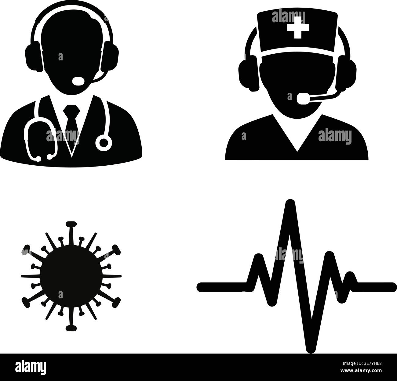 Online-Telemedizin und medizinische Support-Symbole – Arzt mit Headset, Pflegeberaterin, Coronavirus-Zelle und Heartbeat Pulse. Stock Vektor