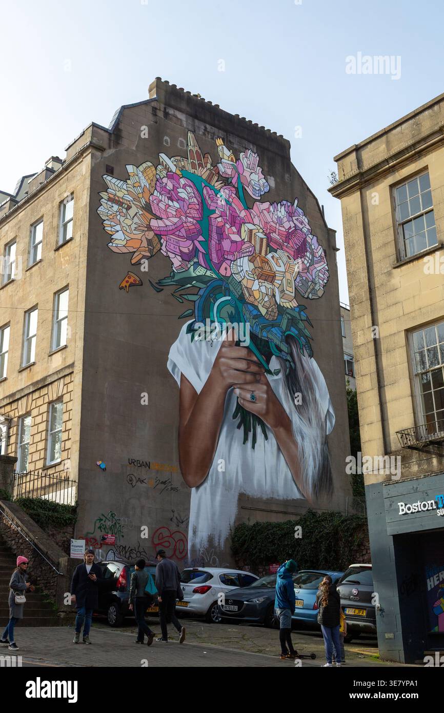 Das Florist-Wandgemälde aus dem Jahr 2,0 befindet sich in der Charlotte Street in Bristol, ein prominentes Street-Art-Stück der Stadt Stockfoto