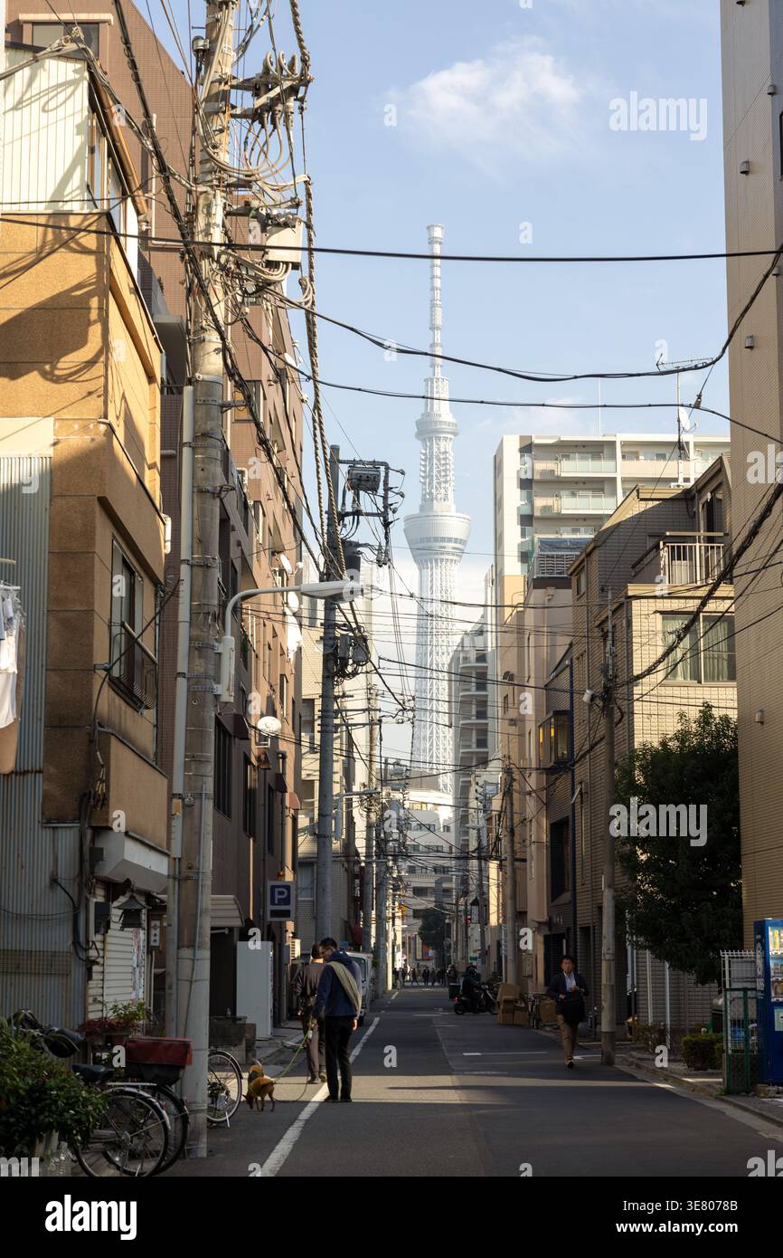 Tokyo Skytree, gesehen von der Kappabashi-Straße im Asakusa-Viertel von Tokio, Japan, erhebt sich über die Stadtsilhouette Stockfoto
