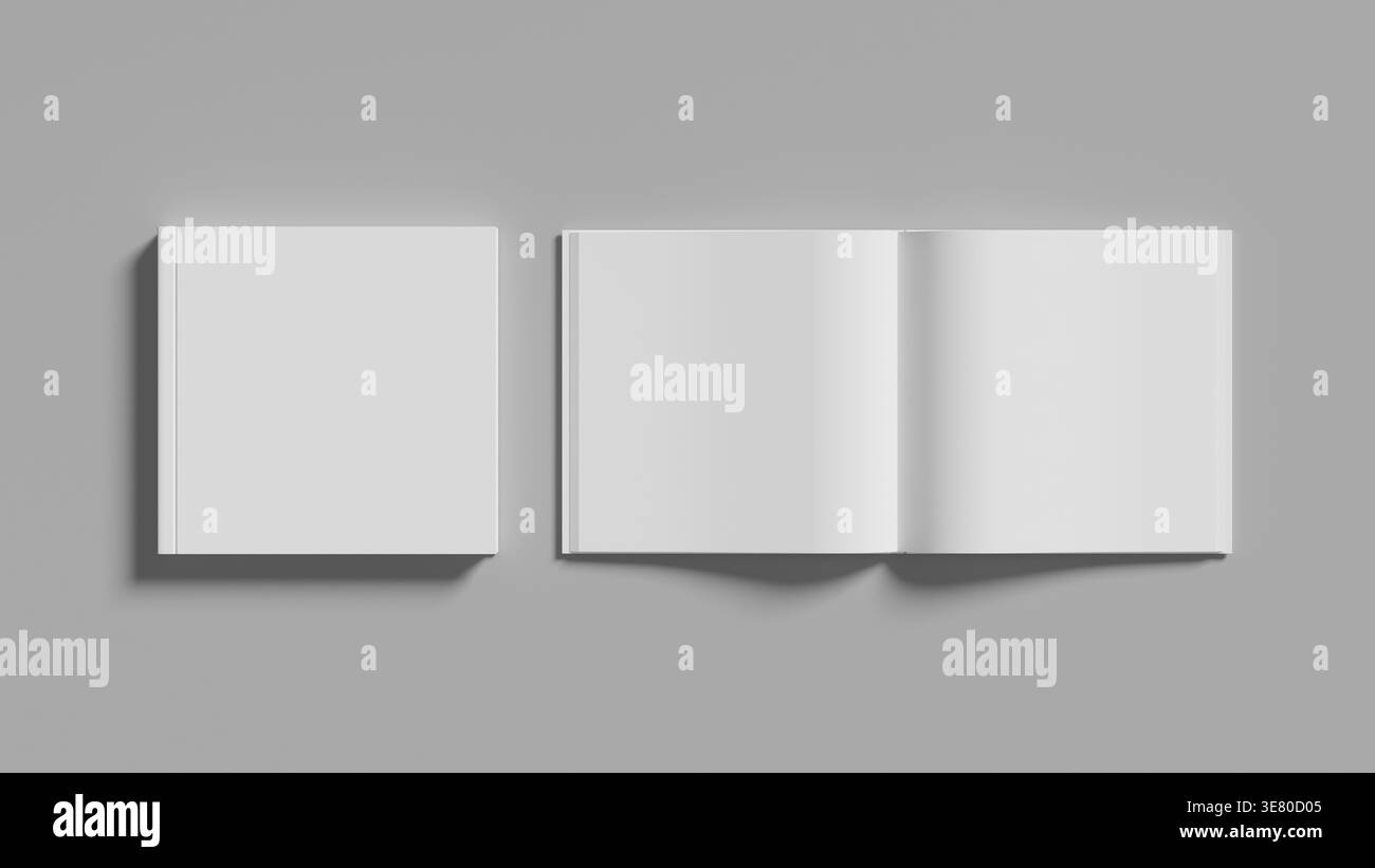 Quadratisches Hardcover-Buch-Modell mit grauem Hintergrund, minimalistischem Stil und klarer Präsentation für Bucheinband, Verlagsdesign und Mod Stockfoto