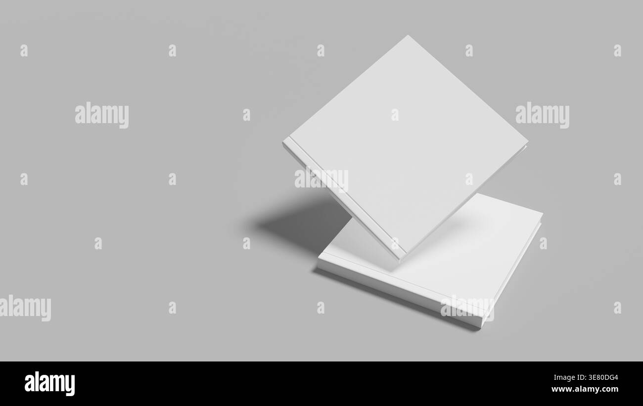 Quadratisches Hardcover-Buch-Modell mit minimalistischem Design auf grauem Hintergrund, klarem Layout und realistischer Präsentation für Publikationen und Cover-Displays Stockfoto