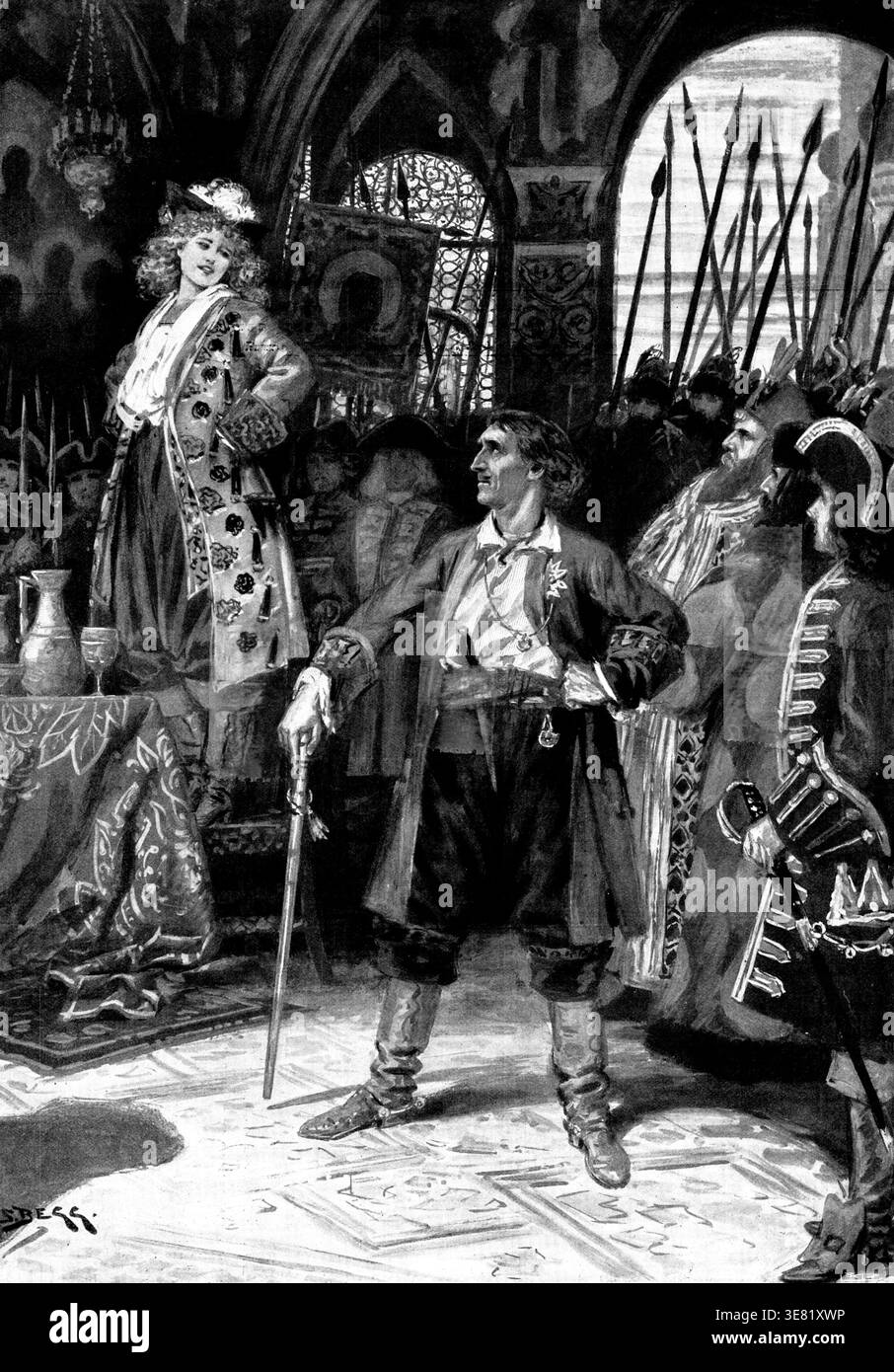 "Peter der große", das neue Stück im Lyceum, 1898. Londoner Bühnenproduktion. Die Kaiserin Catherine (Miss Ellen Terry). Peter der große (Sir Henry Irving). Peter: "Es gibt eine Kaiserin für dich! Sieh sie dir an! - Ist sie nicht prächtig?"... Mr Laurence Irving, der nichts von der Grausamkeit abmildert, die Peter zum Monster nur zu vieler authentischer Geschichten macht, hat versucht, ihn zu einer großen tragischen Figur zu machen, indem er uns den Vater zeigt, der das Leben seines einzigen Sohnes dem höchsten Interesse Russlands opfert... Wir sehen Peter, eine seltsame Mischung aus Brutalität, grimmigem Humor und erhabenem Zweck, appl Stockfoto