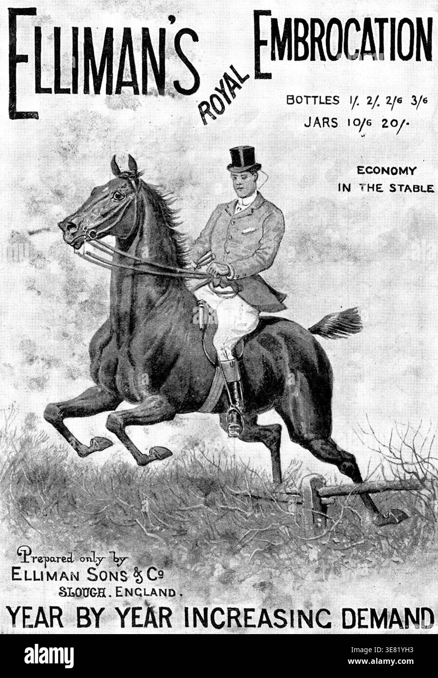 Werbung für Elliman's Royal Embrocation, 1898. Wirtschaft im Stall... nur vorbereitet von Elliman Sons &amp; Co., Slough, England. Jahr für Jahr steigende Nachfrage“. Muskelreiben bei Pferden. Ellimans Royal Embrocation für Pferde und Rinder und Ellimans Universal Embrocation for Human Use waren angeblich dasselbe Produkt in verschiedenen Verpackungen. Aus Illustrated London News, 1898. Stockfoto