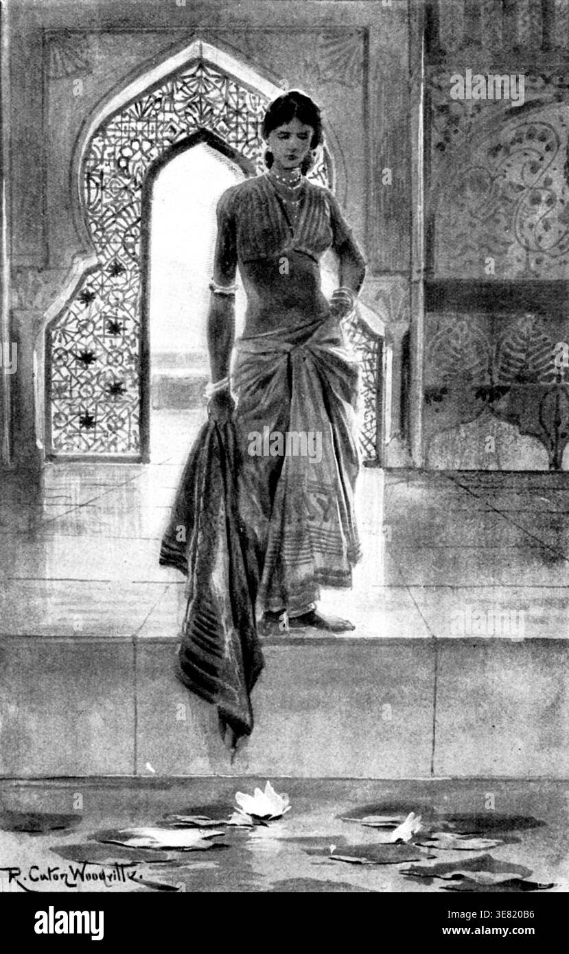 The Hall of Audience: „Ich sehe nichts als mein eigenes Gesicht in der Tiefe; kein anderes Gesicht als dieses – mein Gesicht allein“, 1898. Illustration von R. Caton Woodville, zu einer Kurzgeschichte von Mrs. F. A. Steel. Die britische Schriftstellerin Flora Annie Steel (1847–1929) wurde besonders für Bücher bekannt, die auf dem indischen Subkontinent spielen oder damit in Verbindung stehen. 1867 heiratete sie Henry William Steel, ein Mitglied des indischen Zivildienstes, und sie lebten bis 1889 in Indien, hauptsächlich im Punjab, mit dem die meisten ihrer Bücher verbunden sind. Sie interessierte sich sehr für das indianische Leben und begann, Bildungsreformen auf dem anzuregen Stockfoto
