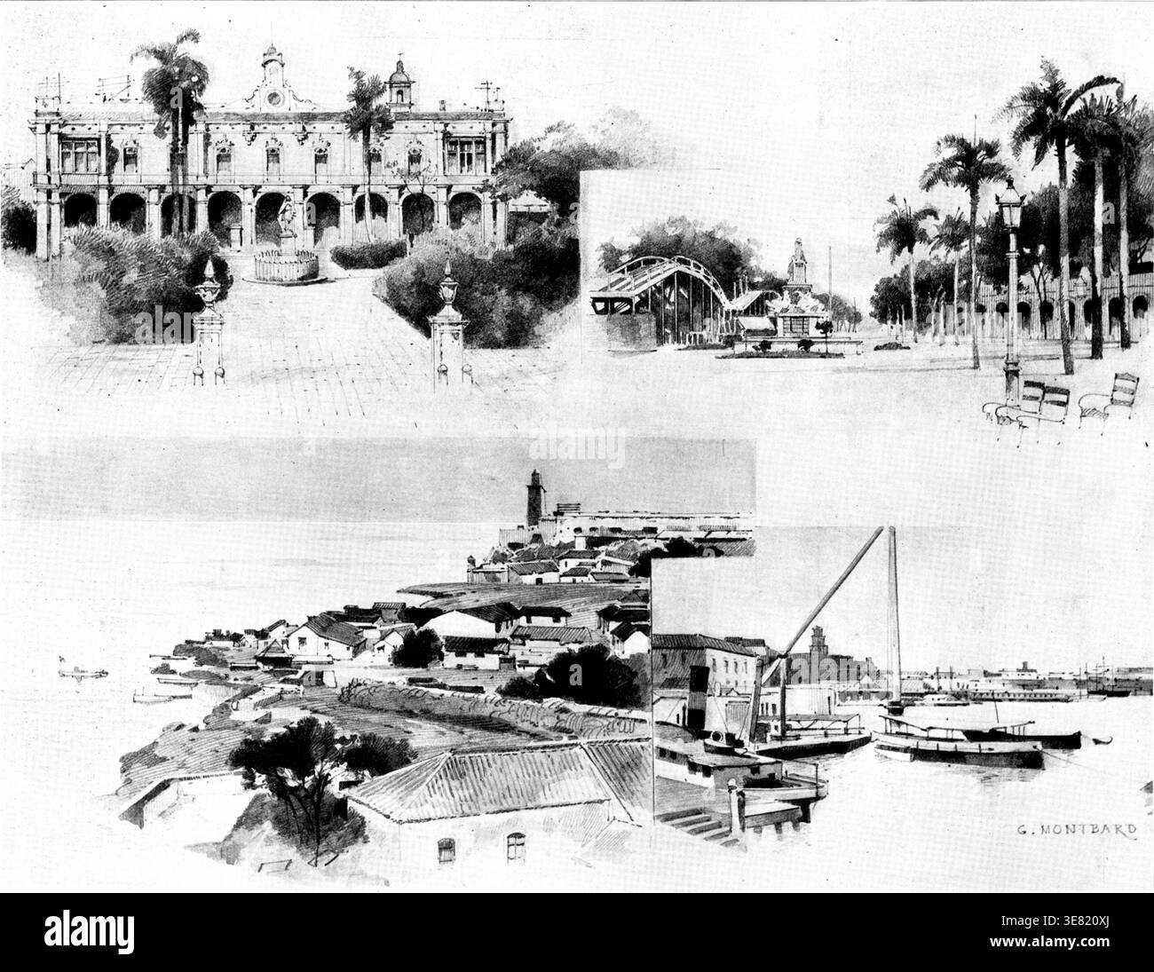 Die Spanisch-amerikanische Krise: Ansichten von Havanna, der Hauptstadt Kubas, 1898. Der Palast des Generalgouverneurs (Palacio de los Capitanes Generales). 2. Das Indianerdenkmal [Fuente de la India]. 3. Eingang zum Hafen, Morro Castle. 4. Hafen Von Havanna. Die lang drohende Gefahr eines Kriegsausbruchs zwischen Amerika und Spanien in der Frage der Unterstützung der kubanischen Rebellion hat ihr schwerstes Stadium erreicht, und es gibt keine Hoffnung mehr auf Frieden, außer durch den höchst unwahrscheinlichen Rückzug Spaniens aus dem Kampf. Seit einigen Tagen ist es in den Verhandlungen des US-Kongresses in Washingt Stockfoto